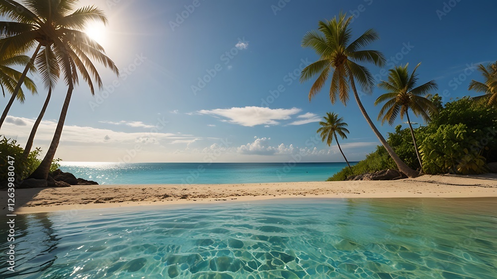 Obraz premium summer season, tropical beach scene with golden sand, crystal clear turquoise waters, and palm trees swaying under the summer sun