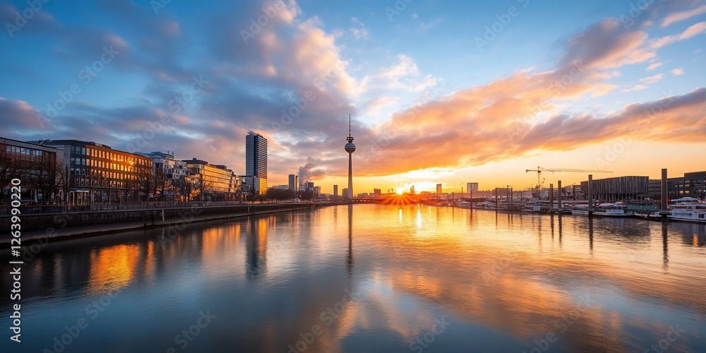 Fototapeta premium Cityscape sunset, river reflection, harbor, sunrise