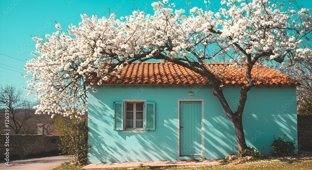 Idyllic Blue House with Blooming Tree in Spring Garden Landscape Idyllic Blue House with Blooming Tree in Spring Garden Landscape