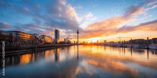 Cityscape sunset, river reflection, harbor, sunrise