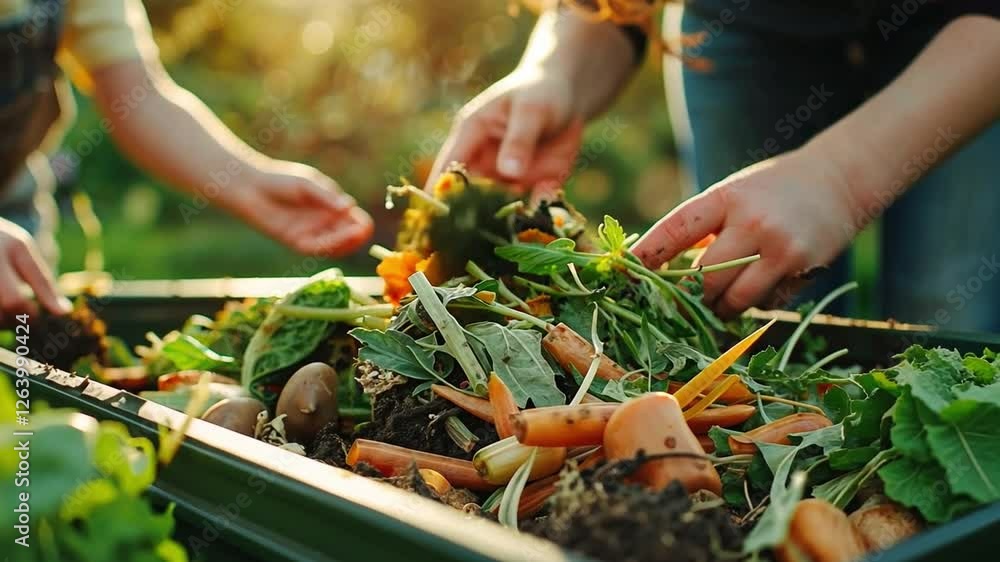Composting Together: A heartwarming image of an adult and child working together, adding kitchen scraps and garden waste to a compost bin. Composting Together: A heartwarming image of an adult and child working together, adding kitchen scraps and garden waste to a compost bin.