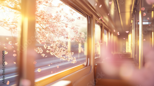 電車内に映るぼんやりとした桜の風景 photo