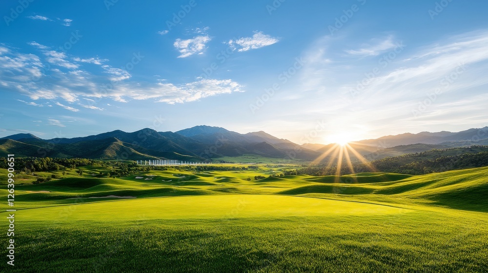 Fototapeta premium Expansive green energy park with rows of wind turbines and solar panels set against a majestic mountain landscape at the golden hour of sunrise