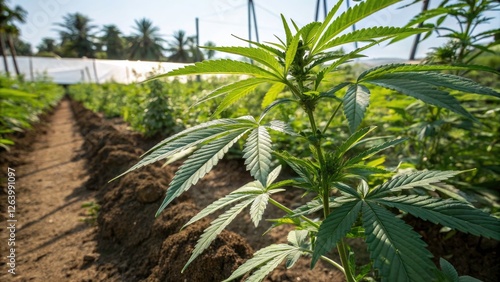 Wallpaper Mural Panoramic Close-Up of CBD Plant in Outdoor Cultivation for Medicinal Use, Highlighting Lush Green Leaves, Soil Texture, and Natural Sunlight for Health and Wellness Applications Torontodigital.ca