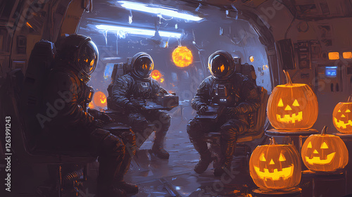 Fototapeta Naklejka Na Ścianę i Meble -  Haunted space station with roaming spectral astronauts and uniquely carved alien jack-o'-lanterns. Spectral Astronauts. Illustration