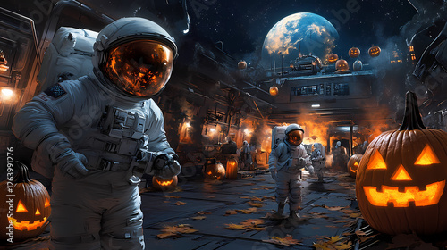 Haunted space station with roaming spectral astronauts and uniquely carved alien jack-o'-lanterns. Spectral Astronauts. Illustration photo