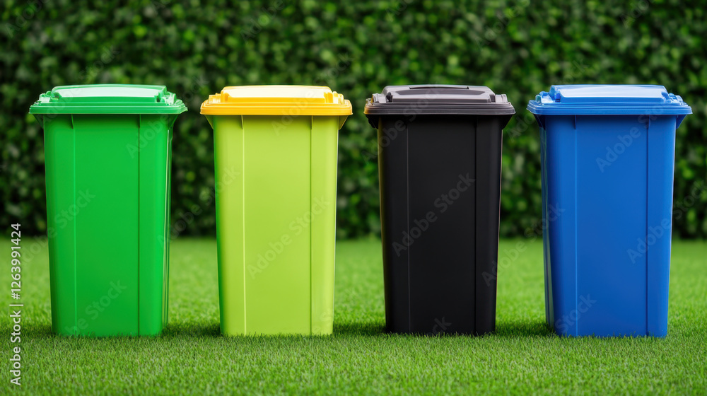 Four waste containers in green, yellow, black, and blue colors are lined up on grassy surface, promoting recycling and waste management Four waste containers in green, yellow, black, and blue colors are lined up on grassy surface, promoting recycling and waste management