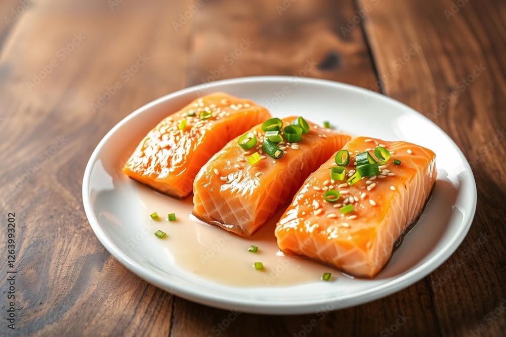 Delicious raw salmon fillets arranged neatly on a white plate, garnished with chopped green onions, resting on a wooden tabletop, emphasizing freshness and culinary presentation. Delicious raw salmon fillets arranged neatly on a white plate, garnished with chopped green onions, resting on a wooden tabletop, emphasizing freshness and culinary presentation.