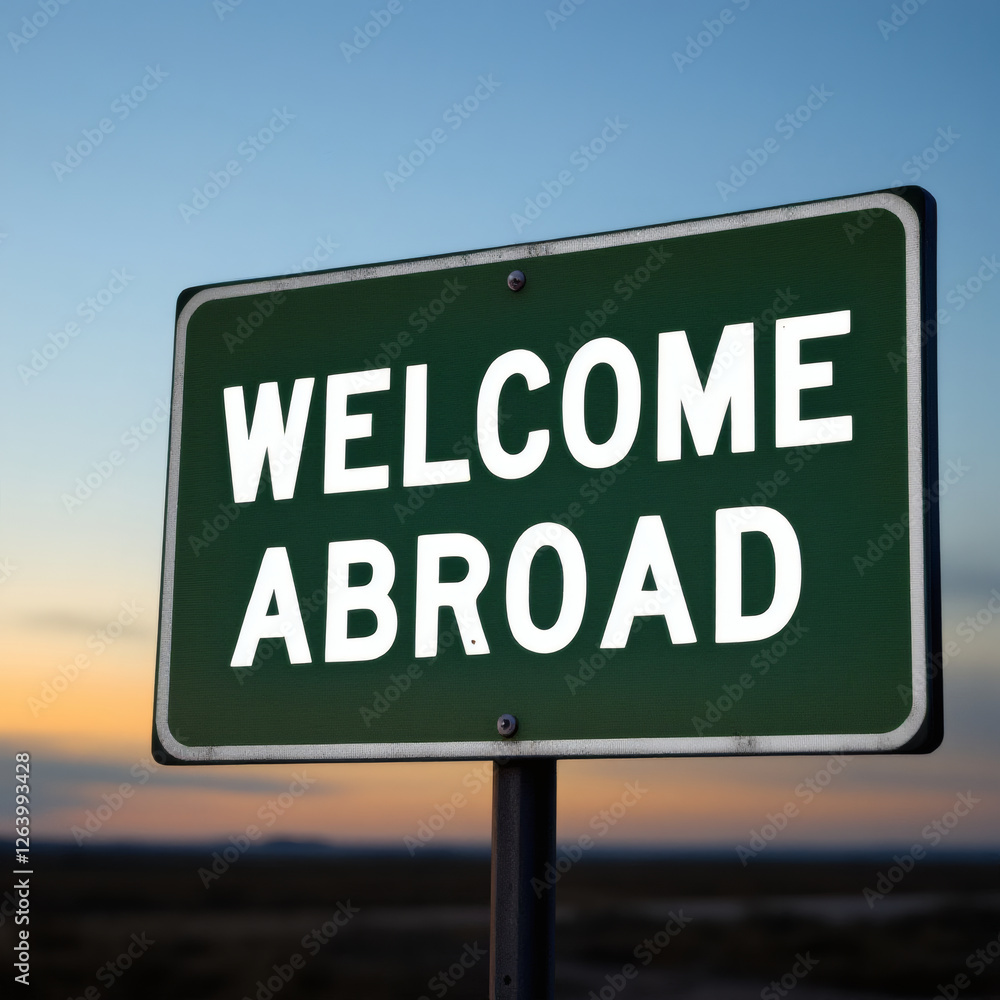 A striking green metal sign with bold white text 'WELCOME ABROAD' set against a mesmerizing blue sunset sky, perfect for travel and adventure themes. A striking green metal sign with bold white text 'WELCOME ABROAD' set against a mesmerizing blue sunset sky, perfect for travel and adventure themes.