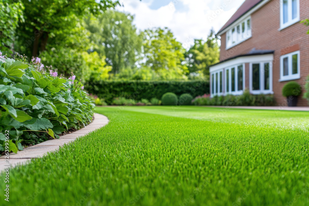 Lush green lawn with manicured edges, surrounded by vibrant plants and beautiful home. serene atmosphere invites relaxation and enjoyment of nature Lush green lawn with manicured edges, surrounded by vibrant plants and beautiful home. serene atmosphere invites relaxation and enjoyment of nature