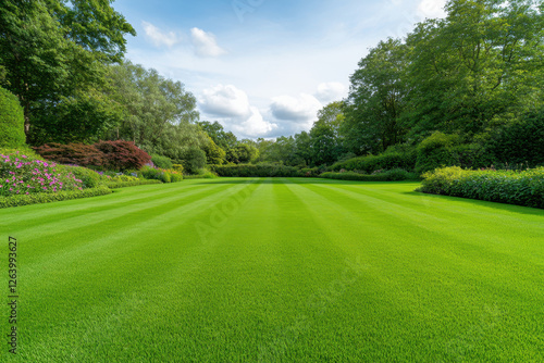 lush green lawn with perfectly manicured stripes, surrounded by vibrant flowers and trees, creates serene outdoor space ideal for relaxation and enjoyment