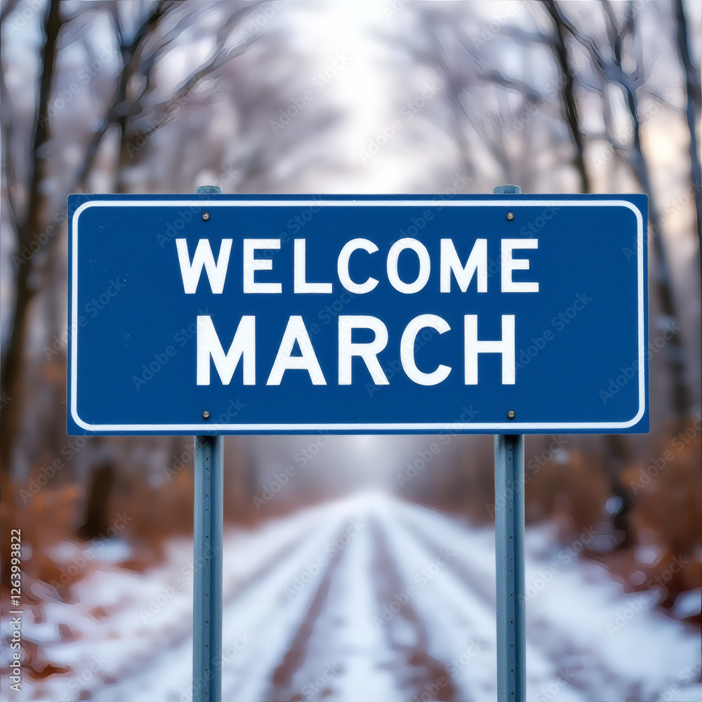 A striking blue road sign with white text 'WELCOME MARCH' set against a blurred early winter landscape. Perfect for seasonal themes, travel blogs, and winter-related content. A striking blue road sign with white text 'WELCOME MARCH' set against a blurred early winter landscape. Perfect for seasonal themes, travel blogs, and winter-related content.