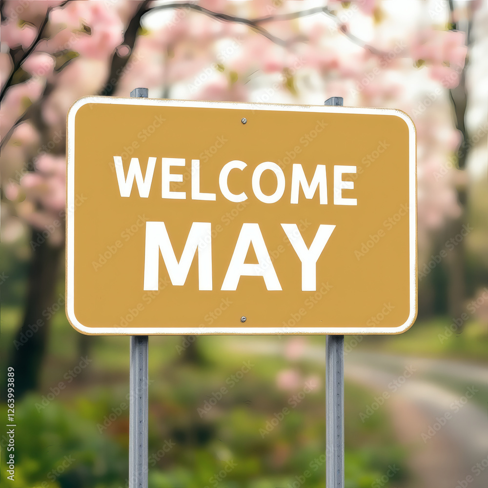 A beige road sign with white text 'WELCOME MAY' against a blurred spring background, perfect for seasonal themes and travel concepts. A beige road sign with white text 'WELCOME MAY' against a blurred spring background, perfect for seasonal themes and travel concepts.