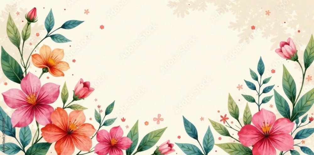 Obraz premium Watercolor design featuring colorful blooms and foliage in a whimsical, dreamy arrangement on a neutral beige surface , abstract, watercolor, bloom