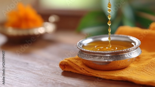 Golden oil pouring into bowl, ceremony, home