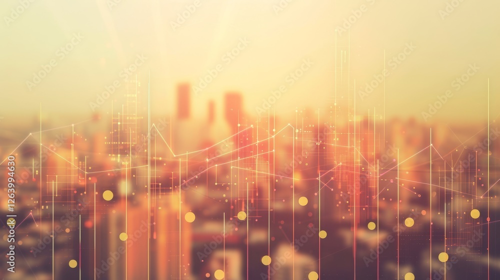 Fototapeta premium A blurred city skyline with a digital data overlay, combining urban scenery with futuristic financial or technological elements, creating a modern and dynamic composition. AI generated.