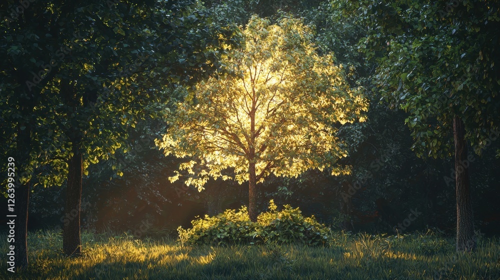 Obraz premium A hyper-realistic tree with dense green bushes beneath, glowing under warm natural light, trees on either side illuminated.