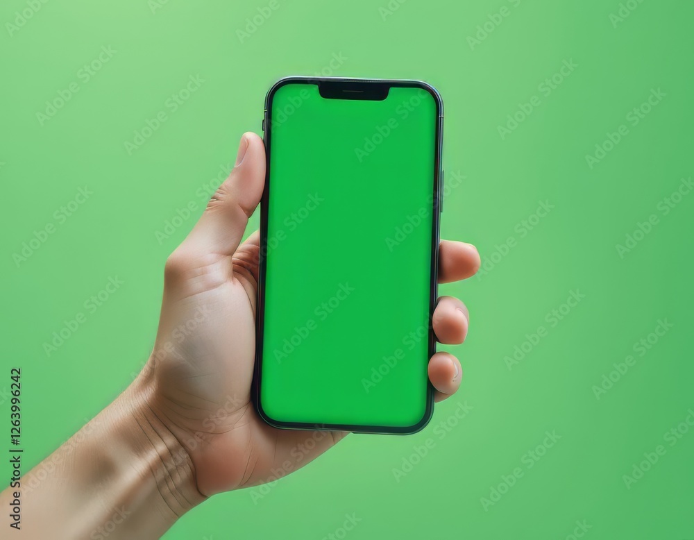 A close-up shot of a hand holding a smartphone with a green screen, perfect for mockup, UI/UX design presentations, or app display previews A close-up shot of a hand holding a smartphone with a green screen, perfect for mockup, UI/UX design presentations, or app display previews