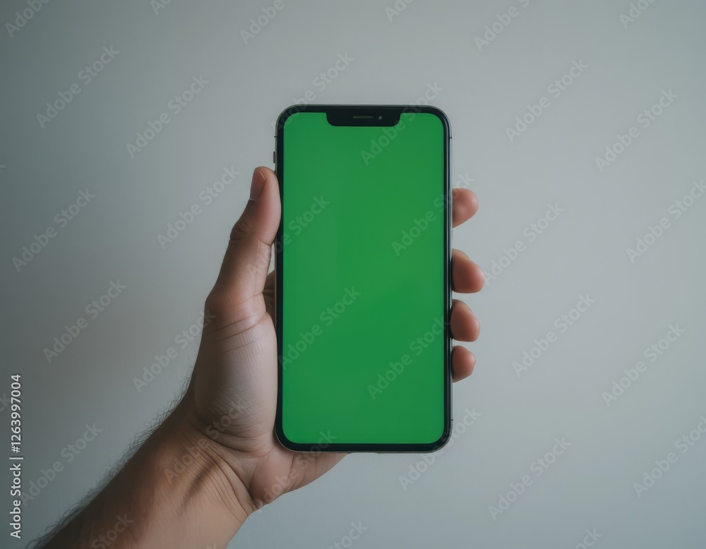 Hand Holding Smartphone with Green Screen Isolated on Gray Background Hand Holding Smartphone with Green Screen Isolated on Gray Background