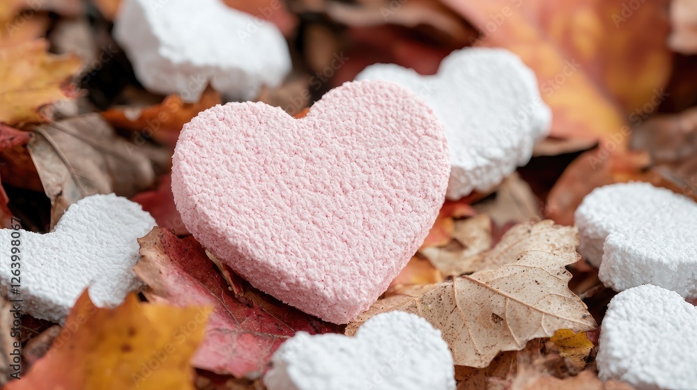 Obraz premium Pink and white textured heart shapes lie scattered on dry autumn leaves during a bright day.