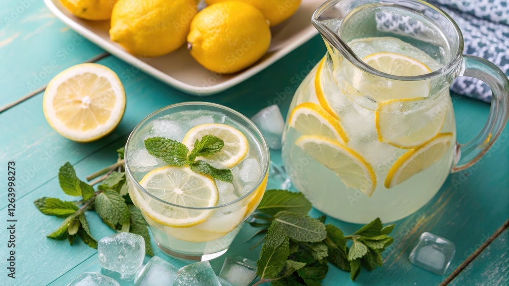 Fototapeta premium Refreshing Lemonade in Glass and Jug with Citrus Slices, Ice Cubes, and Mint Leaves for a Summer Drink, High Depth of Field Photography, Bright Colors, and Inviting Atmosphere