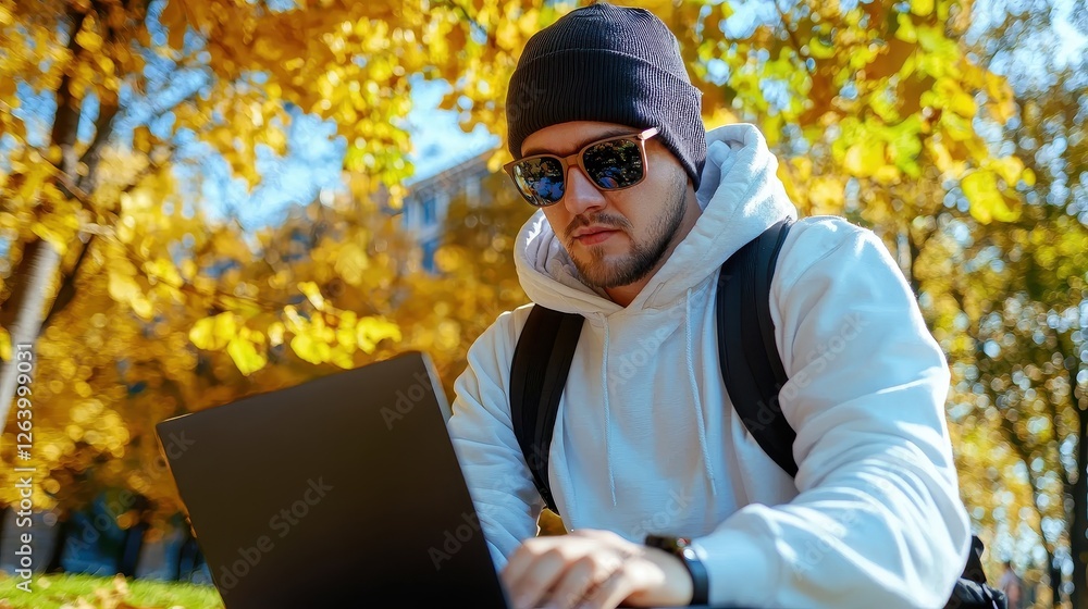 Fototapeta premium Young Man Working on Laptop Outdoors in Bright Autumn Leaves