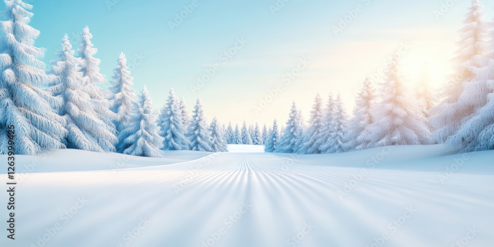 Fototapeta premium serene winter landscape featuring snow covered trees and clear blue sky, creating peaceful atmosphere. sunlight casts warm glow over snowy terrain, enhancing beauty of scene