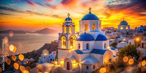 Santorini Church Bokeh Photography: Holy Transfiguration Pyrgos Kallistis, Greek Island Vacation photo