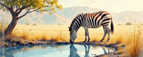 Watercolor image of a zebra grazing near a watering hole , zebra, wateringhole, painting photo