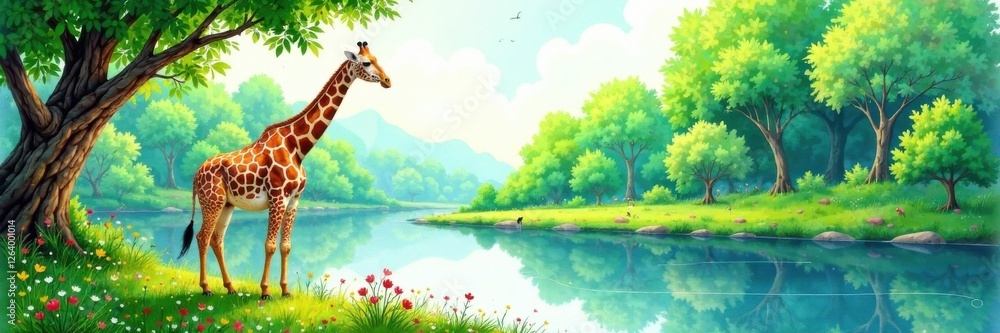 Obraz premium Watercolor painting of a giraffe near a river with lush greenery , wildlife, landscape, giraffe
