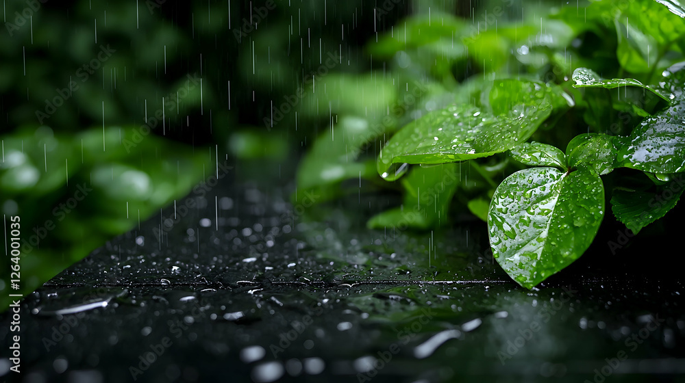 Rain drops on leaves, dark surface, lush green background; nature scene Rain drops on leaves, dark surface, lush green background; nature scene