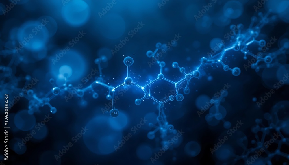 Abstract 3D rendering of a complex molecule structure with glowing atoms and bonds, science and technology background Abstract 3D rendering of a complex molecule structure with glowing atoms and bonds, science and technology background