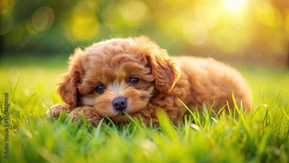 Fototapeta premium A adorable red toy poodle puppy curled up on a soft patch of green grass, its fur fluffed up slightly as it takes a nap in the warm sunlight, nature, relaxation