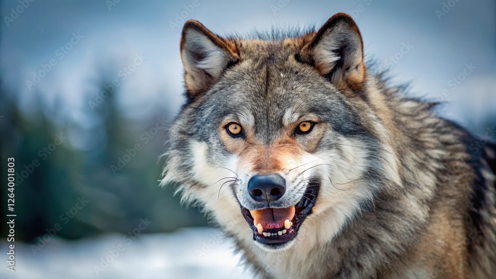 Fototapeta premium Gray wolf snarling at camera with sharp teeth bared in a fierce expression against a cold winter background