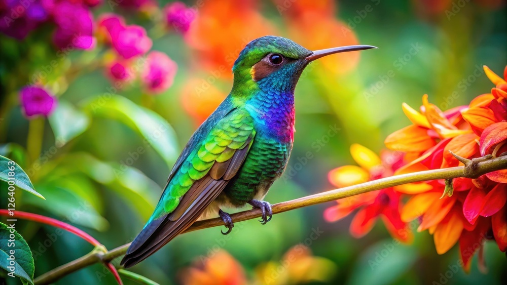 Fototapeta premium Colorful hummingbird with iridescent feathers perched on a vibrant green tropical branch in a lush garden surrounded by exotic flowers and foliage, colorful, flower