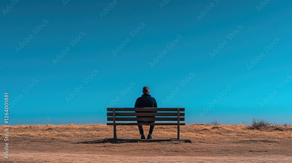Man sitting park bench, clear sky, contemplation, solitude, outdoor Man sitting park bench, clear sky, contemplation, solitude, outdoor