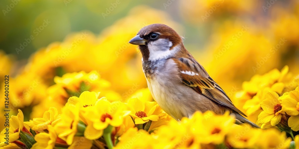 Fototapeta premium Sparrow perched among vibrant yellow flowers in a garden, flora, garden, flora, garden, feathers,birds, nest, fauna, bird