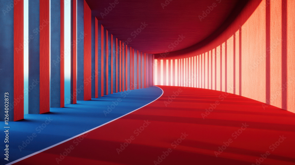 vibrant abstract corridor featuring red and blue walls, creating dynamic visual effect with shadows and light. curved path invites exploration and evokes sense of movement vibrant abstract corridor featuring red and blue walls, creating dynamic visual effect with shadows and light. curved path invites exploration and evokes sense of movement