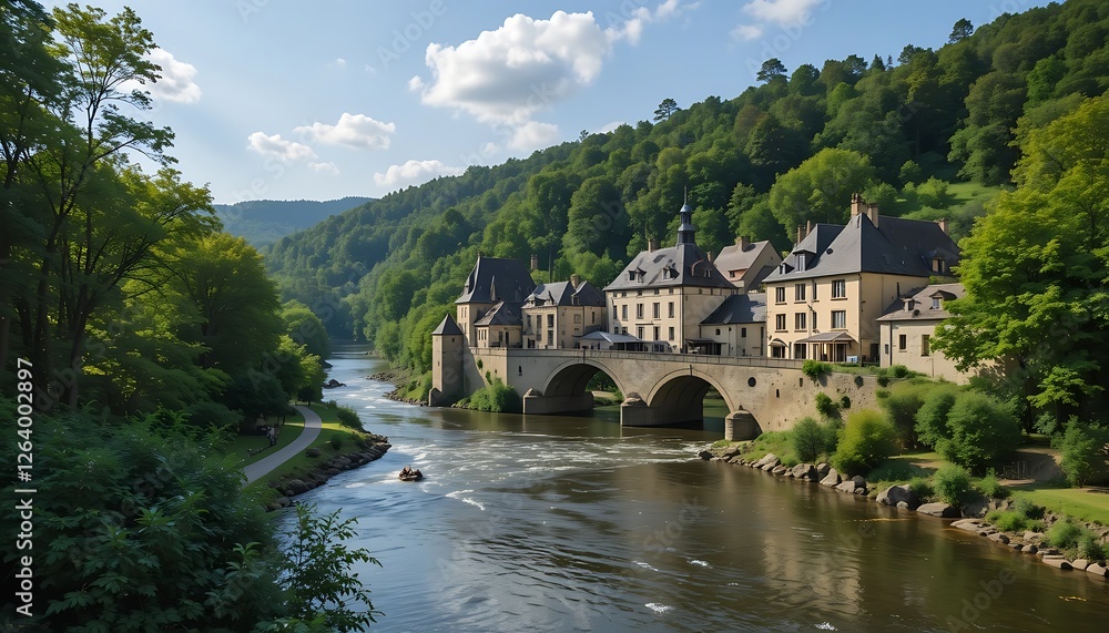 Picturesque Medieval Village with Stone Bridge over River in Lush Green Valley