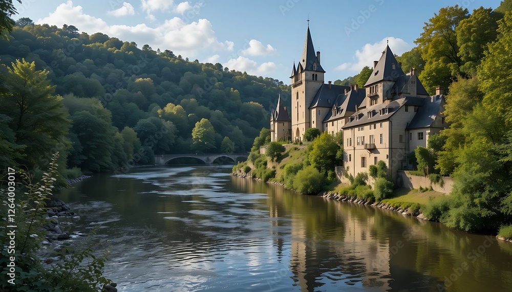 Picturesque Chateau de Beaufort in Luxembourg, nestled beside a tranquil river and lush green forest Picturesque Chateau de Beaufort in Luxembourg, nestled beside a tranquil river and lush green forest