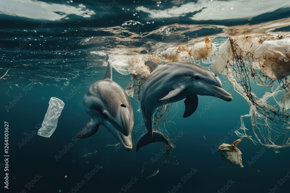 Fototapeta premium Dolphins Jumping in Polluted Ocean Water Amidst Plastic Debris