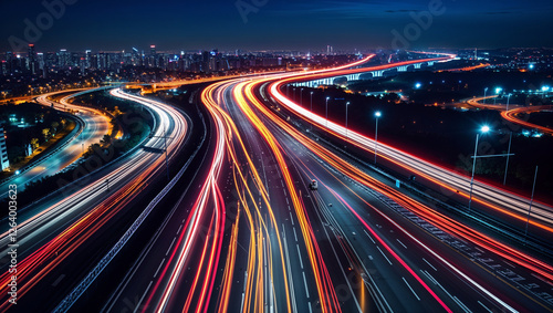 Dynamic Night Traffic on a Busy Highway long-exposure photograph capturing the movement of vehicles on a multi-lane highway at night