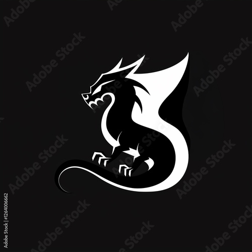 Black and white dragon roaring showing claws and tail