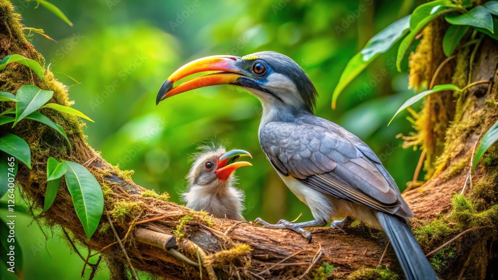 Fototapeta premium Sri Lanka Gray Hornbill Feeding Chick Sinharaja Rainforest Nest Wildlife Photography