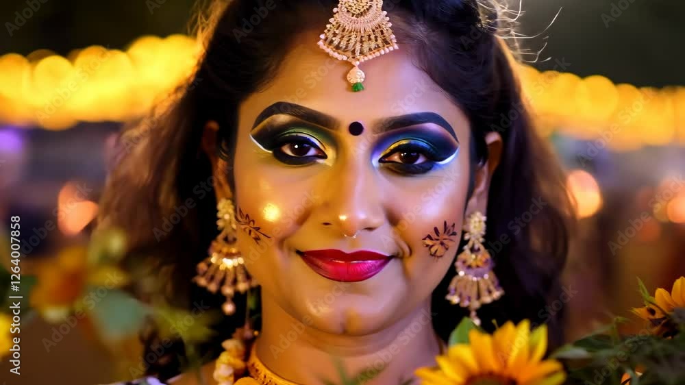 Vibrant Night Festival Portrait of Woman with Dia de los Muertos Makeup and Marigold Flowers Vibrant Night Festival Portrait of Woman with Dia de los Muertos Makeup and Marigold Flowers