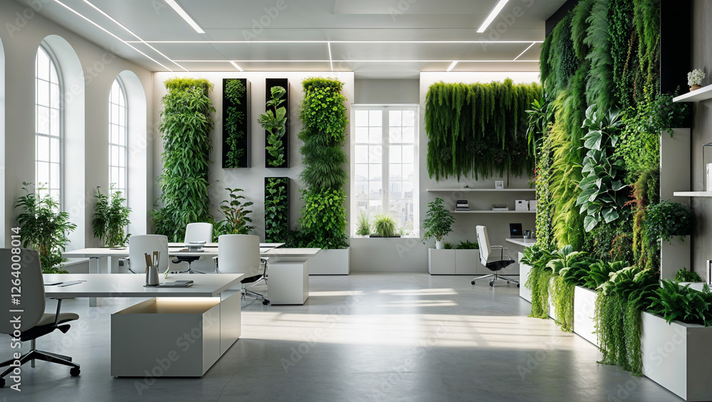 Modern Biophilic Office with Green Walls and Natural Light Perfect for themes of workplace wellness, sustainability, and modern corporate design Modern Biophilic Office with Green Walls and Natural Light Perfect for themes of workplace wellness, sustainability, and modern corporate design