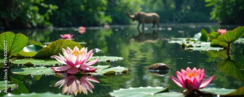 Panel kuchenny z motywem Water lily pond with safari animals, safari, waterlily, pond