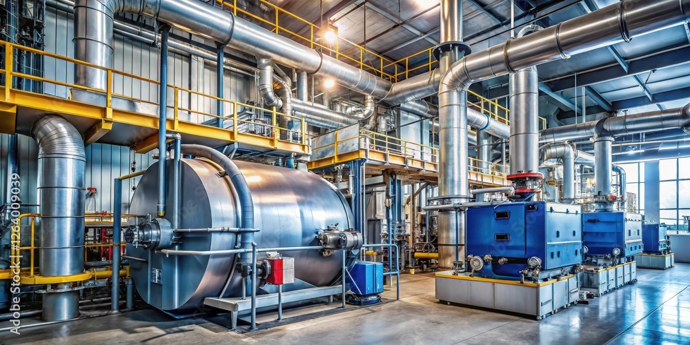 Fototapeta premium A large industrial gas boiler room with multiple heating gas boilers and a large chimney emitting steam into the atmosphere , boiler room, mechanical equipment