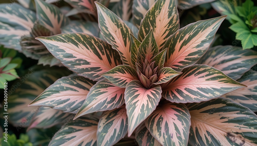 Fototapeta premium Close-up view of a striking Calathea roseopicta 'Medallion' plant, showcasing its intricate leaf patterns and vibrant colors.