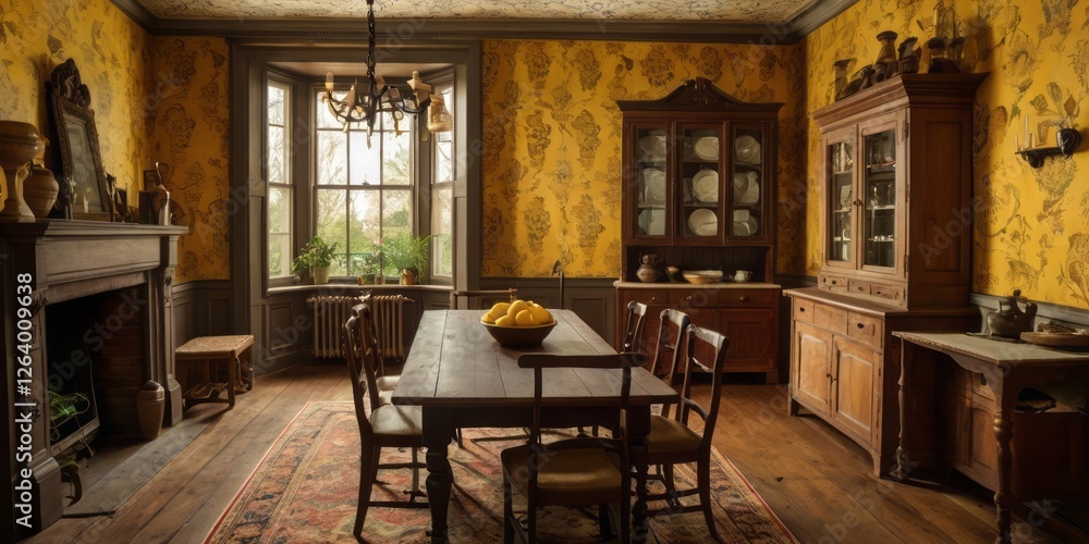 Fototapeta premium Antique Dining Room With Yellow Floral Wallpaper